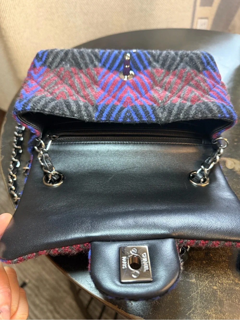 Chanel Tweed Blue/Red/Black/Gray Plaid Chevron Tweed Flap Crossbody